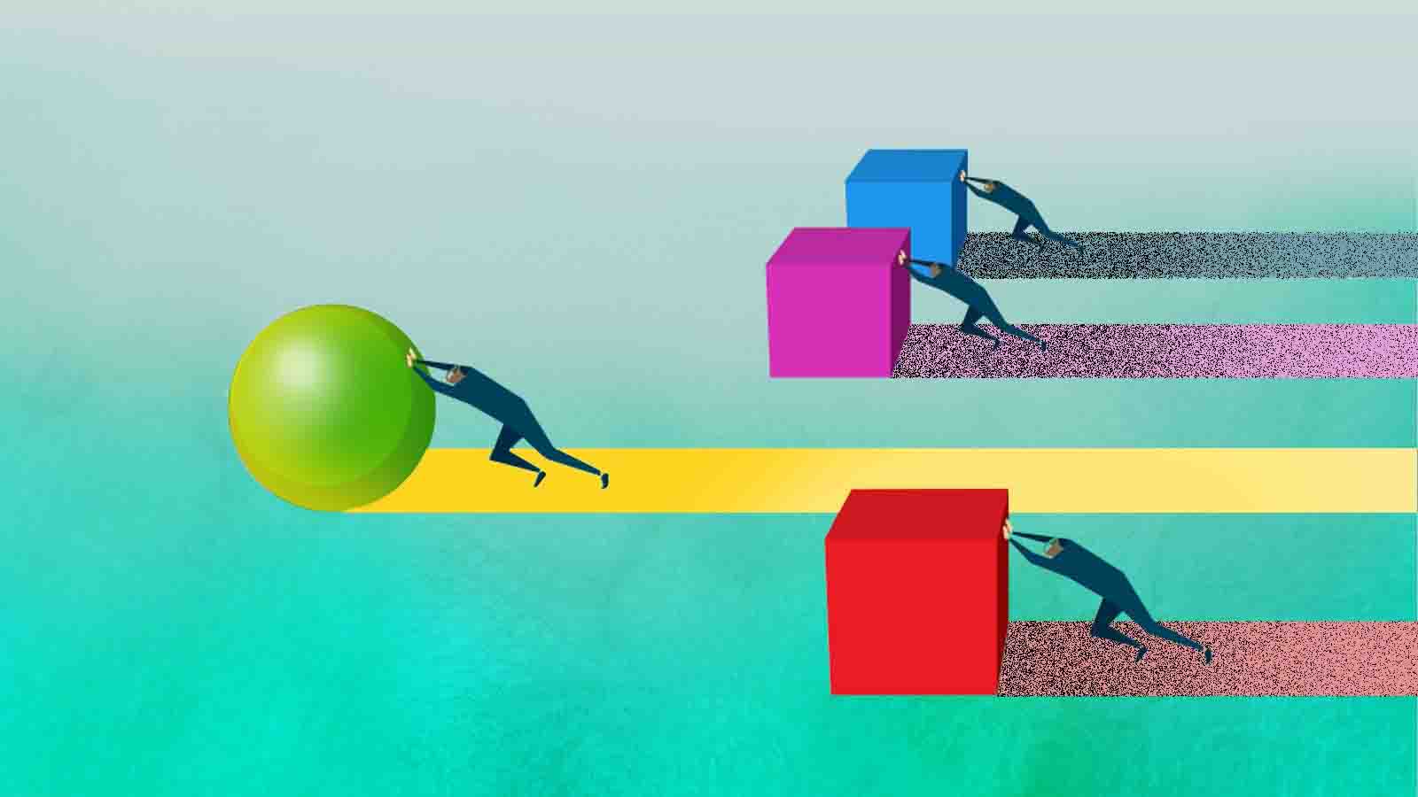image shows people pushing large objects