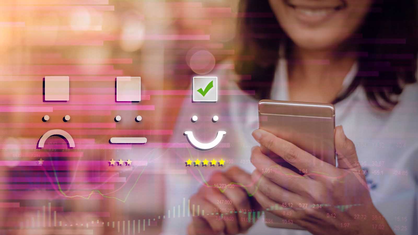 A female holding a mobilephone in her hands and accessing her Digital Banking app and looks happy with it,a customer-centric approach