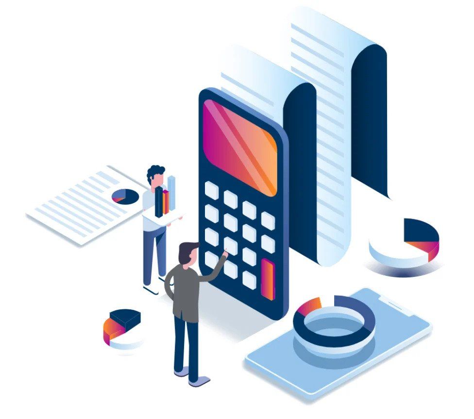 Illustration of forms, calculator, and legal documents
