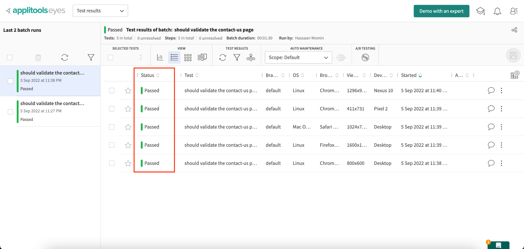 Rerunning the tests. The automation testing dashboard now shows a 'Passed' status.